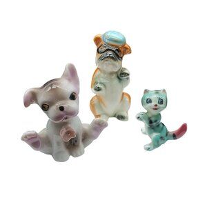Vintage Ceramic Dog & Cat Figurines Set Of 3 Hand-Painted Miniatures Made in Jap